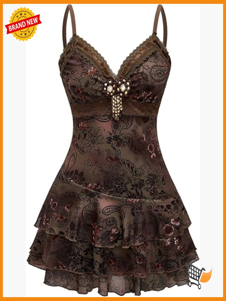 Y2k Boho Gothic Tiered Mini Dress Womens Vintage Lace Ruffle